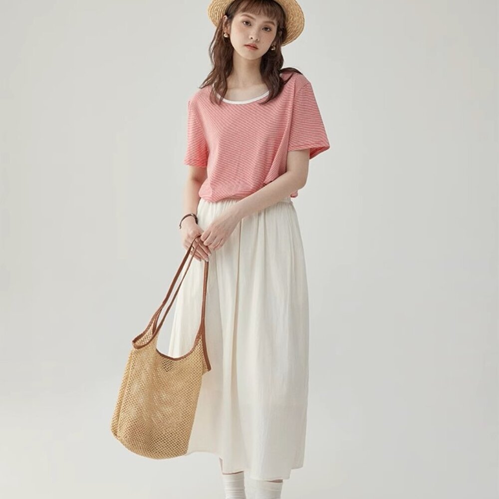 Women's Cream Midi Skirt with Flowing A-Line Silhouette